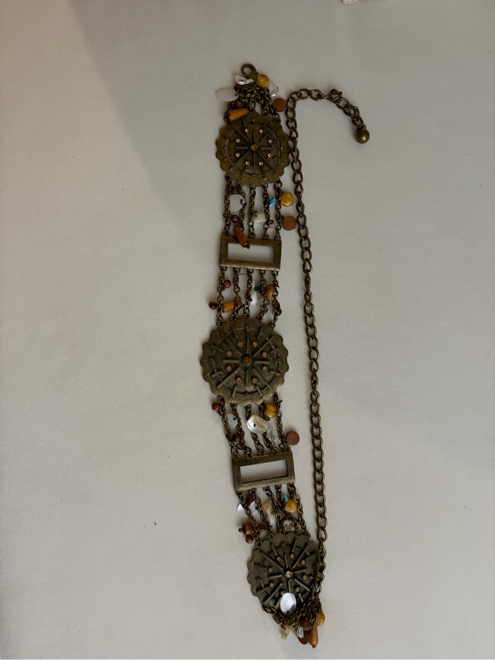 Chico's Brass Tone Multi-Charm Belt with Brown, White & Gold Beads